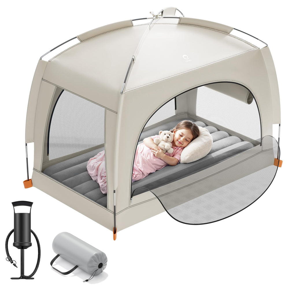 QPAU inflatable toddler travel bed with tent for on-the-go sleepovers.