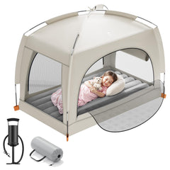 QPAU inflatable toddler travel bed with tent for on-the-go sleepovers.