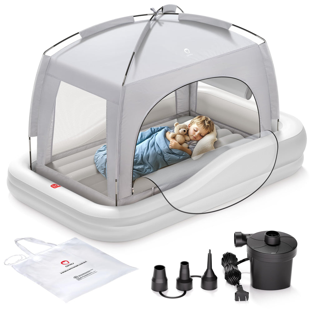 QPAU toddler travel bed with tent offers cozy travel sleep.