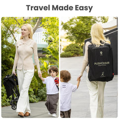 QPLAY stroller stored in included backpack for hands-free travel convenience