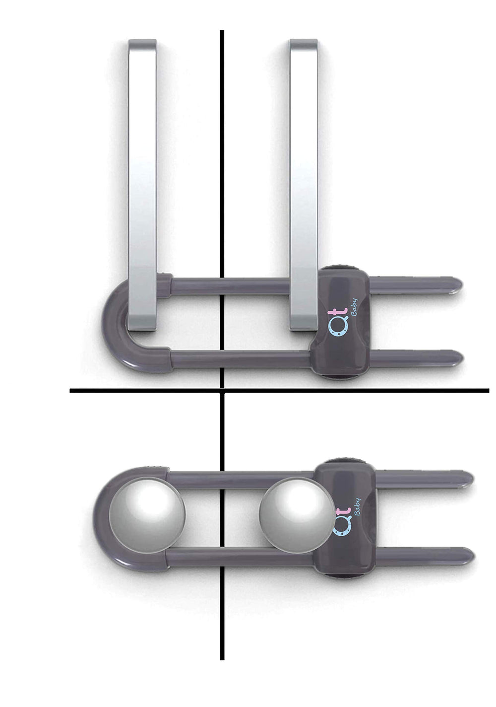 QT BABY cabinet locks with adjustable U-shaped latches keep cabinets safe.