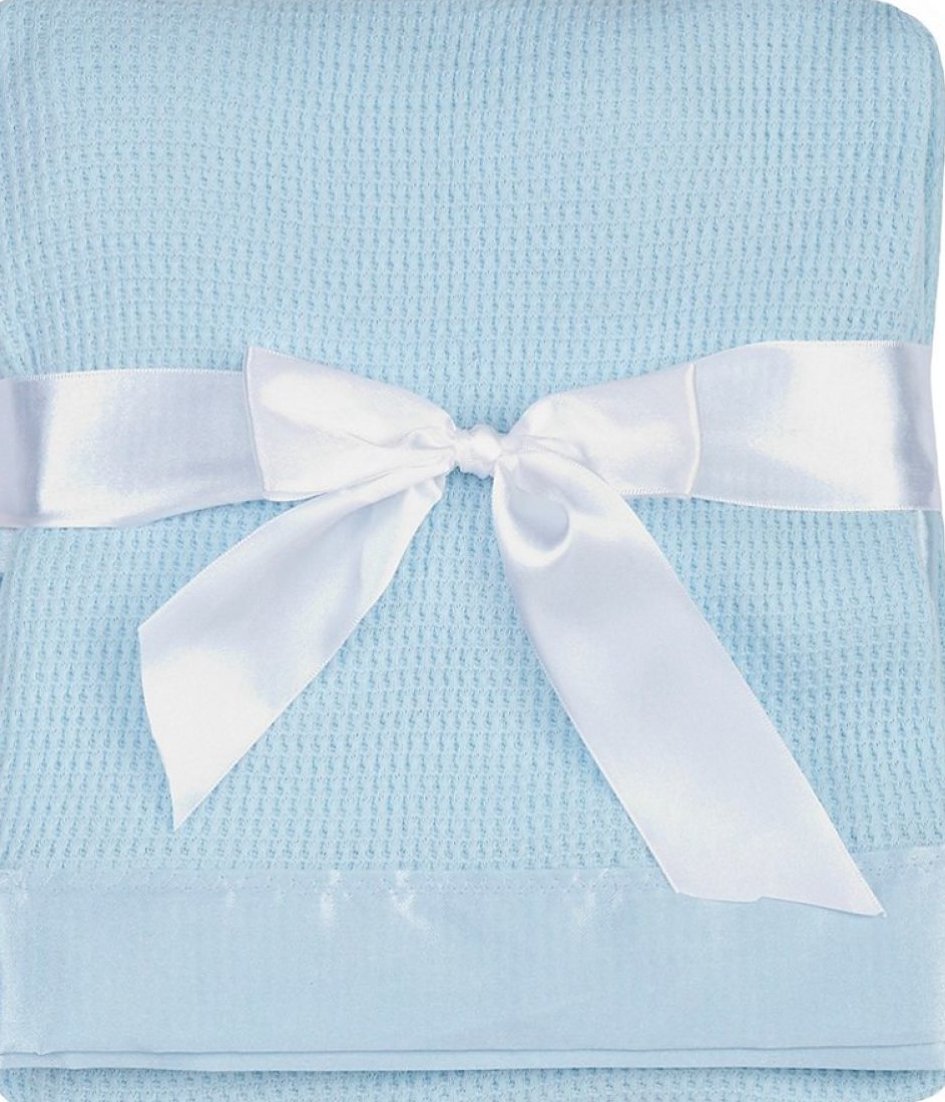 Quadow blue thermal waffle blanket with satin trim for cozy naps.