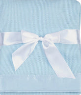 Quadow blue thermal waffle blanket with satin trim for cozy naps.