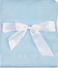 Quadow blue thermal waffle blanket with satin trim for cozy naps.