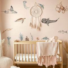 QUCHENG Ocean wall decals octopus creates playful underwater ambiance.