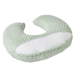 Close-up of QUENESS BABY nursing pillow green slipcover and soft fleece material.