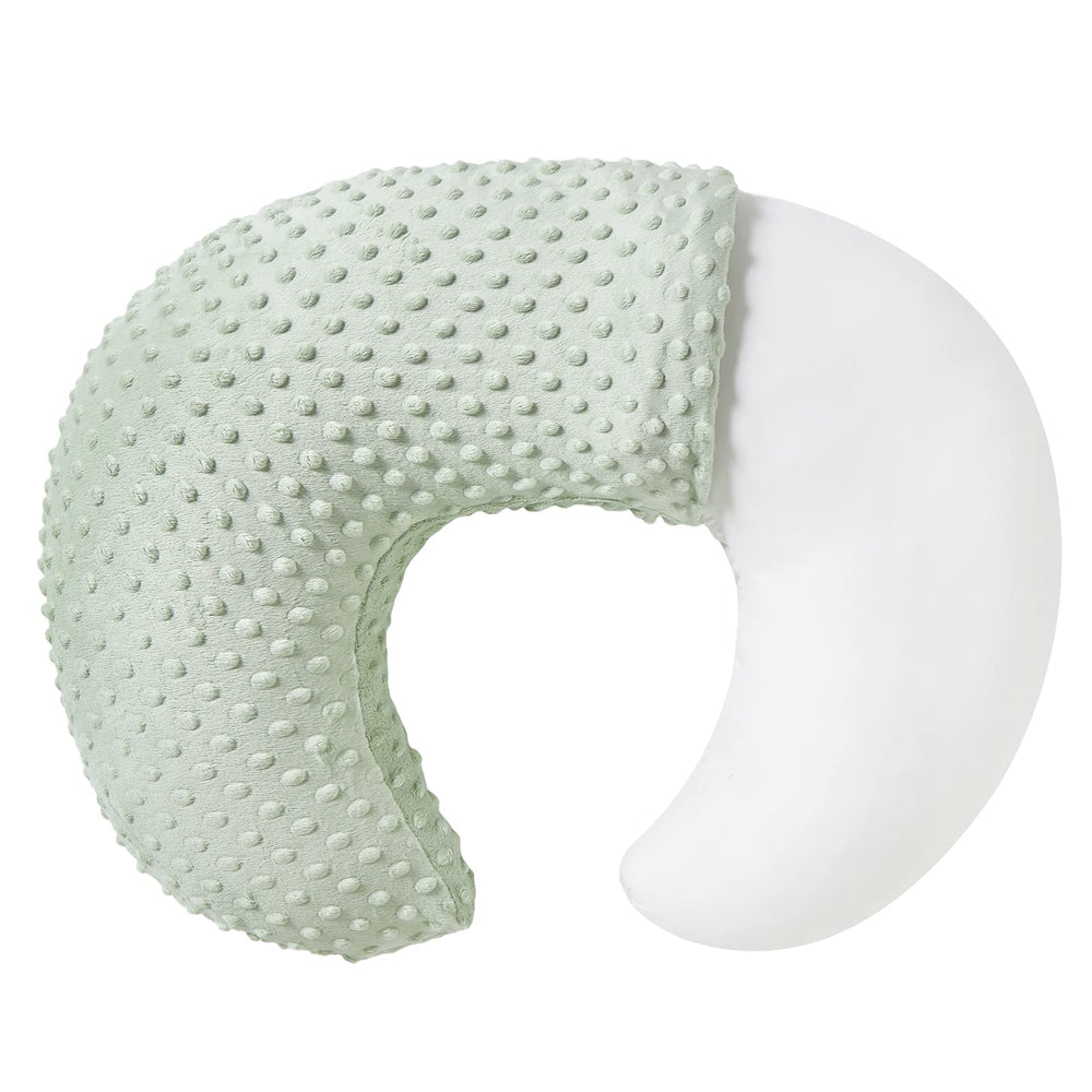 QUENESS BABY nursing pillow with green slipcover for breathable breastfeeding support.