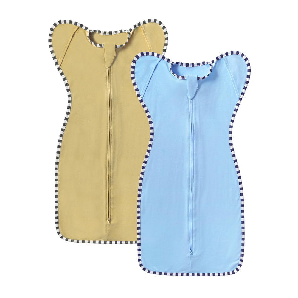 Queness Transition Swaddle front view in khaki and sky blue for newborn comfort