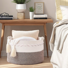 Quincunx beige basket filled with blankets demonstrates ample capacity