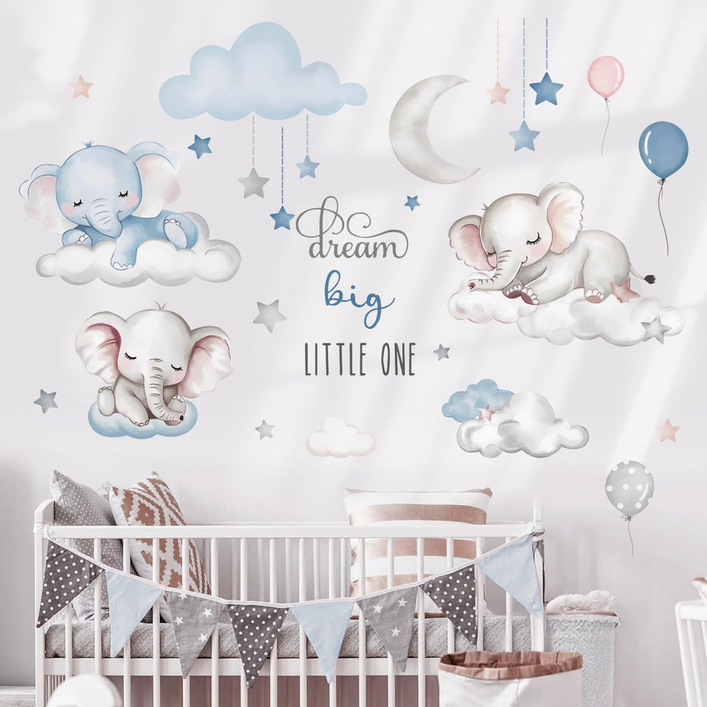 Quinspir Dream Big Little One elephant wall sticker drifts on a cloud for calming bedtime vibes