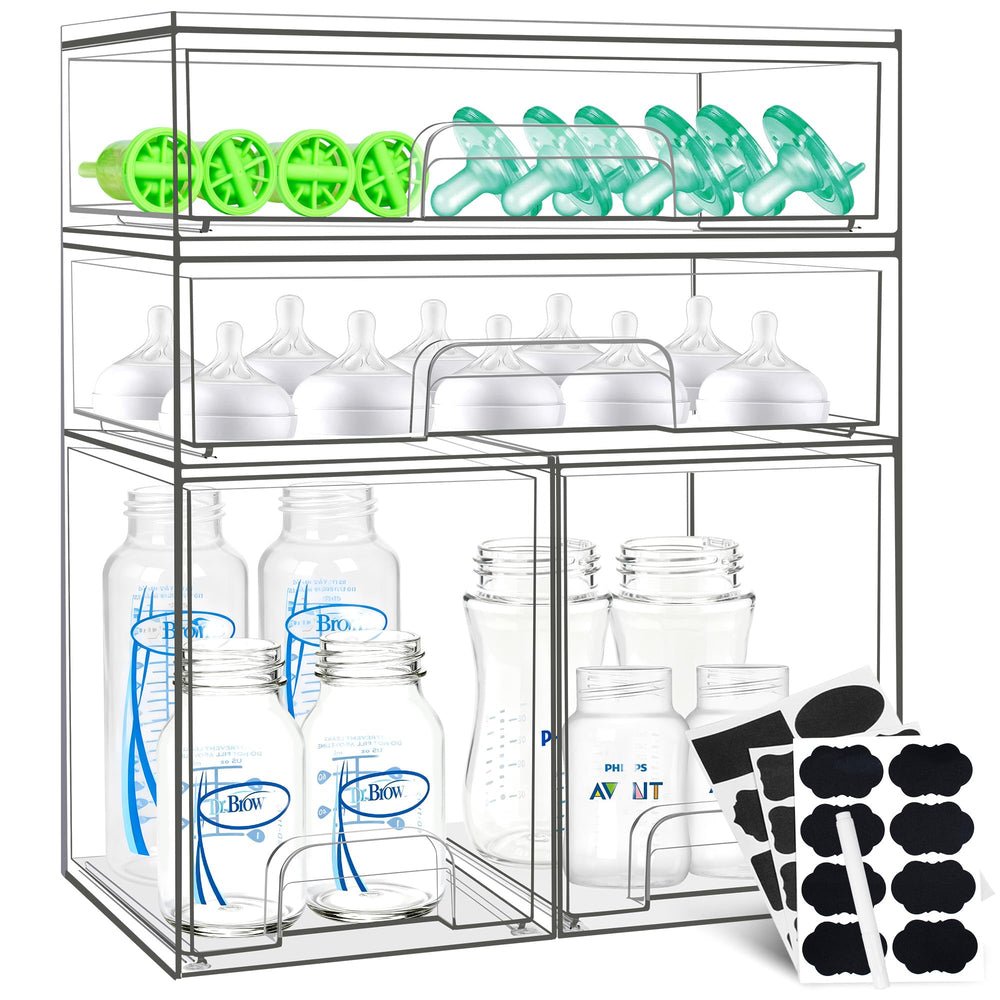 Qunland clear bottle organizer with four-pack drawers keeps baby bottles neatly accessible on the counter.