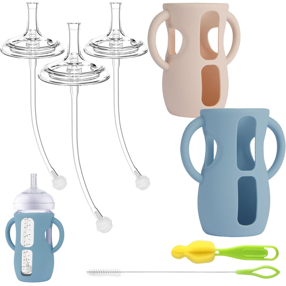 Qunland straw cup kit attached to Philips Avent Natural 8oz bottle for easy transition