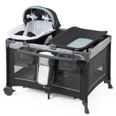 QUTANIX 5-in-1 pack and play frame shown in a room, with safe edges and open play space.