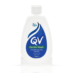 QV Gentle Wash 250ml bottle showing fragrance-free cleansing for sensitive skin