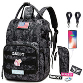 QWREOIA camo diaper bag front view showing organized compartments for quick access