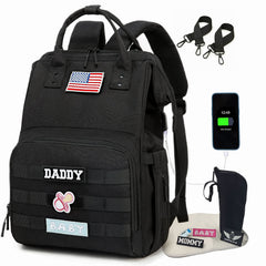 QWREOIA diaper bag backpack front view in black for everyday family use.