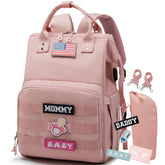 QWREOIA diaper bag backpack front view with organized pockets in pink.