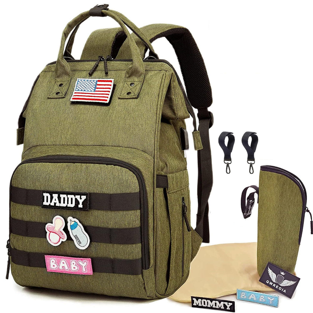 QWREOIA diaper bag backpack outer pocket for quick access on the go.