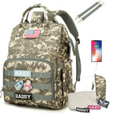 QWREOIA camo diaper bag front view showing spacious storage