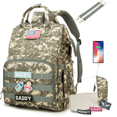 QWREOIA camo diaper bag front view showing spacious storage