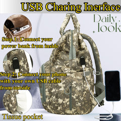 QWREOIA camo diaper bag insulated pocket close-up for bottles