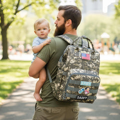 QWREOIA camo diaper bag side view with easy-access pockets