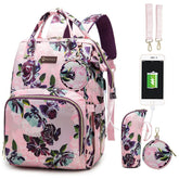 QWREOIA Floral Diaper Bag Backpack with rose pattern for stylish, hands-free parenting.