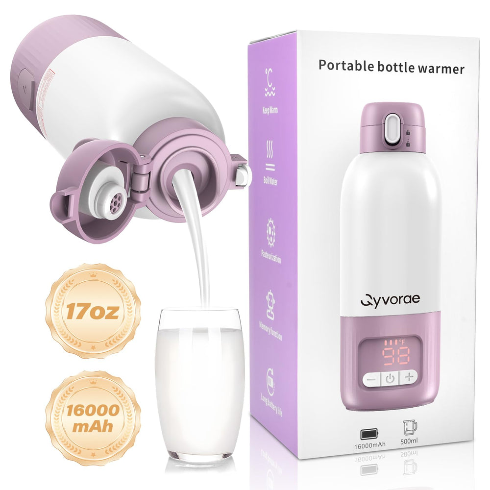 Qyvorae portable bottle warmer front view, travel-ready for on-the-go feeds.