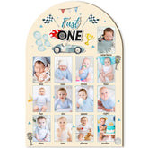 R HORSE first year photo display in a wood board with race car theme for milestones.