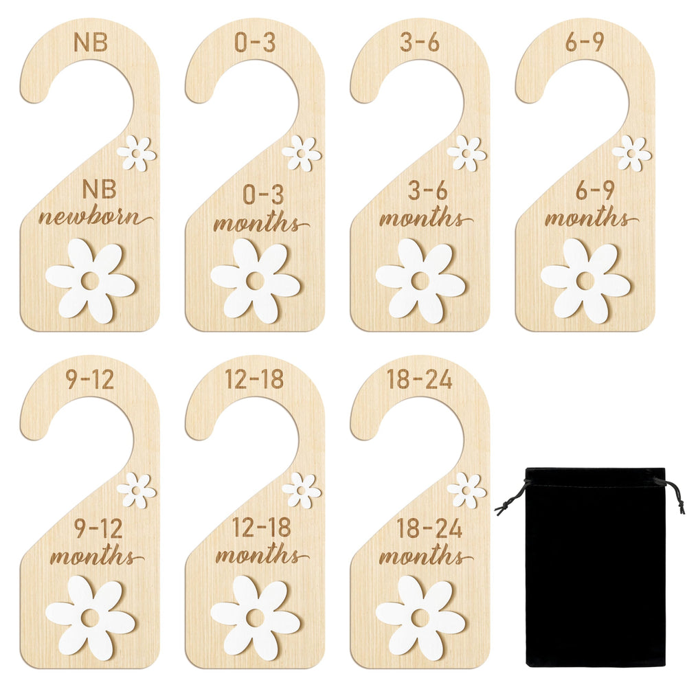 R HORSE wooden divider with a daisy front for organized baby outfits by age.