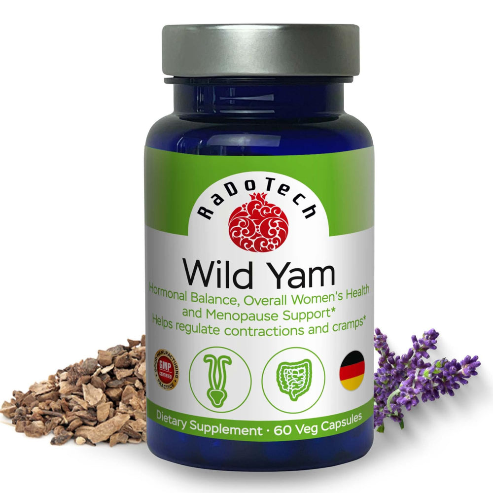 RaDoTech Wild Yam Root capsules bottle supports hormone balance and daily wellness.
