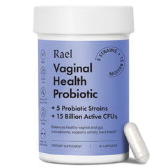 Rael Probiotics for Women bottle with capsules for daily balance.