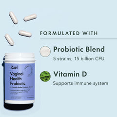 Rael Probiotics for Women bottle label highlighting Vitamin D for immune support.