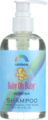 Rainbow Research Baby Shampoo bottle demonstrates gentle cleansing for baby's hair.