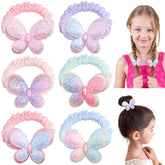 Rainbow WSK butterfly hair ties with pink sequin bow for secure daily wear.
