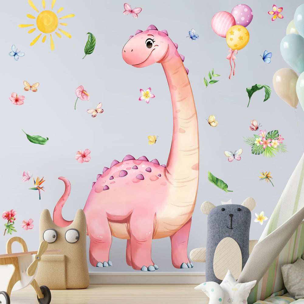 RAINBOW WSK pink dinosaur wall decal with flowers for a playful nursery or kids’ room.