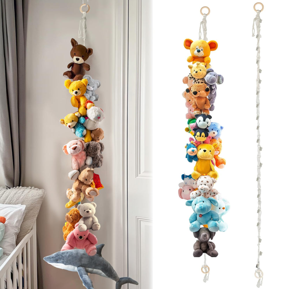 RAINFLOW hanging stuffed animals storage chain with 40 clips keeps plush toys organized and accessible.