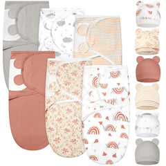 Ramede 6-pack swaddle blankets with hats in boho multicolor, gentle skin-friendly coverage.