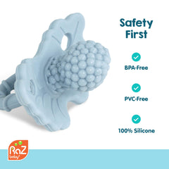 Freezable RaZbaby teether offers added cooling relief for swollen gums.