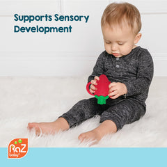 BPA-free Razbaby Fruitique feeder ensures safe solid foods for babies.