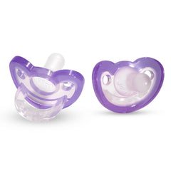 RaZbaby JollyPop lavender pacifier in use, soothing baby with orthodontic design