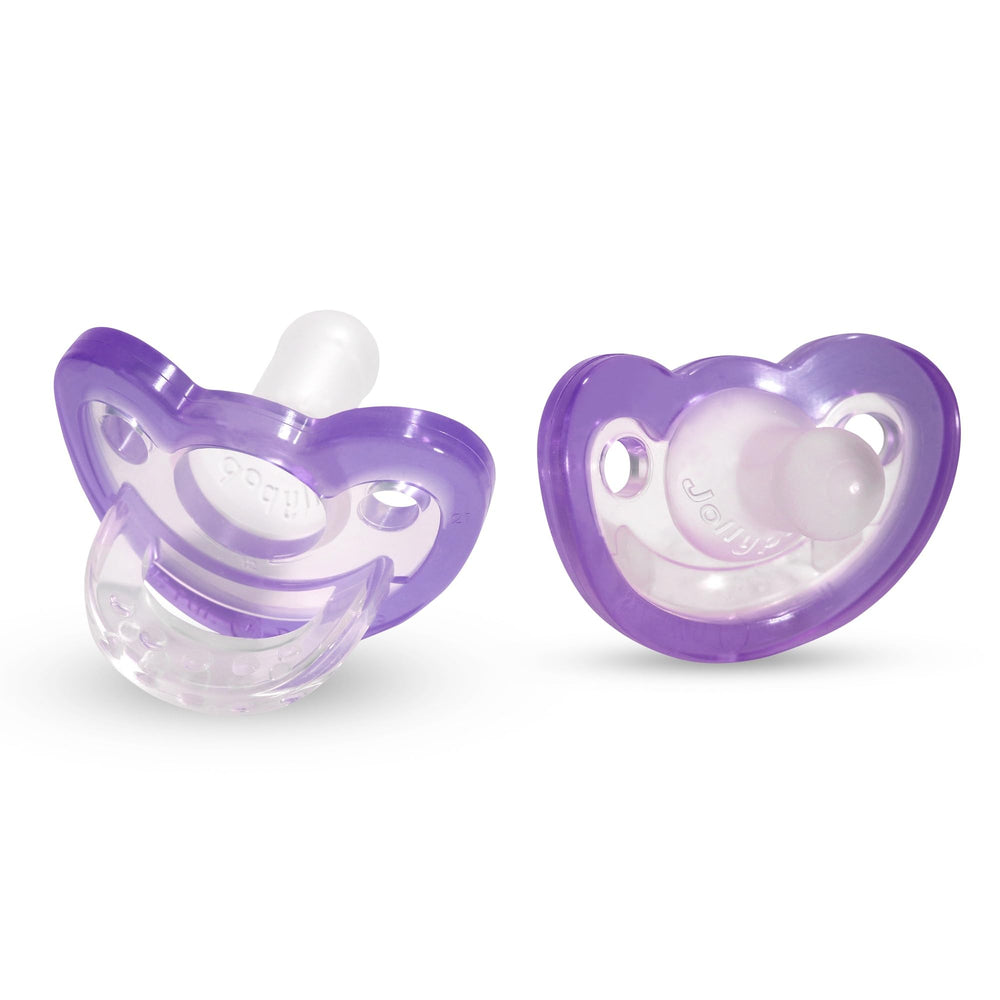 RaZbaby JollyPop lavender pacifier pack showing safe soothing for infants' calm routines.