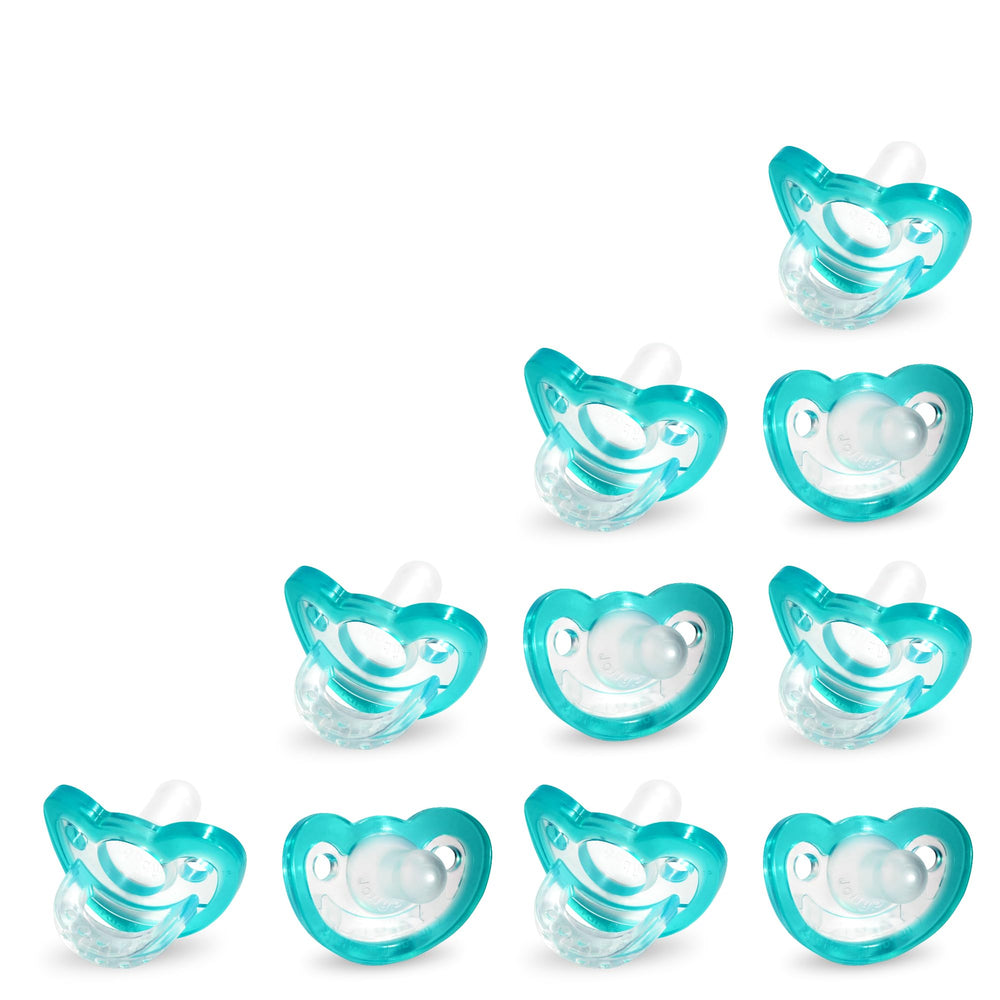 RaZbaby JollyPop teal pacifier pack, designed for easy sterilization and everyday soothing.