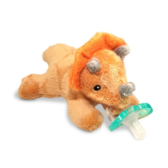 RaZbaby RaZbuddy Triceratops plush pacifier holder keeps pacifier handy and comforting for newborns.