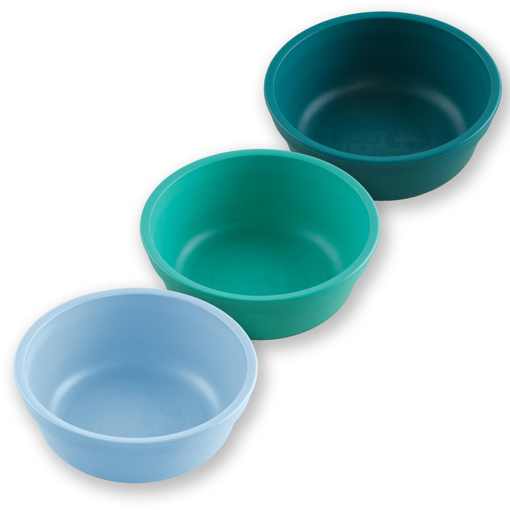 Re-Play Sea Glass 12oz toddler bowls with deep-walled design for easy scooping.
