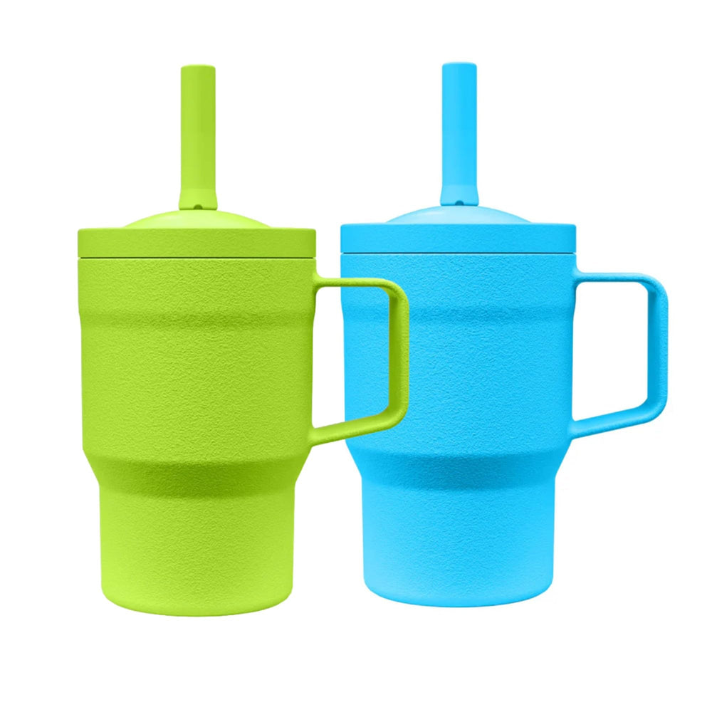 Re-Play 10oz sky-lime toddler tumbler with no-spill straw for mess-free sipping.