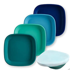 Re-Play toddler plates with deep-walled blue plate keep meals contained and scooping easy.