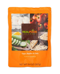 Real Food Blends ingredients close-up: eggs zucchini olive oil apples oats.