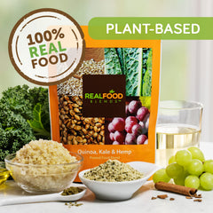 Real Food Blends ingredients closeup highlights wholesome quinoa kale and hemp protein.