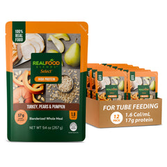 Real Food Blends Select pouch front shows convenient tube feeding